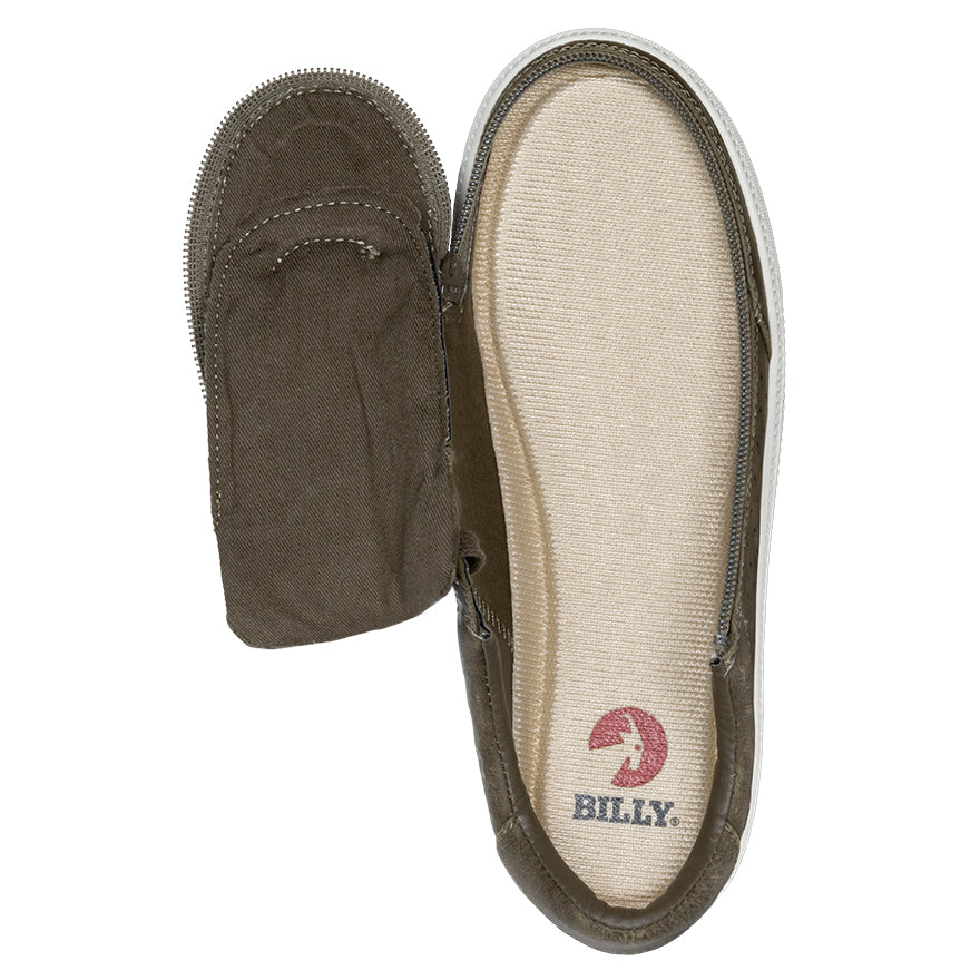 Women's Olive BILLY Sneaker Lows, zipper shoes, like velcro, that are adaptive, accessible, inclusive and use universal design to accommodate an afo. Footwear is medium and wide width, M, D and EEE, are comfortable, and come in toddler, kids, mens, and womens sizing.
