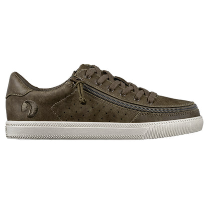 Women's Olive BILLY Sneaker Lows, zipper shoes, like velcro, that are adaptive, accessible, inclusive and use universal design to accommodate an afo. Footwear is medium and wide width, M, D and EEE, are comfortable, and come in toddler, kids, mens, and womens sizing.