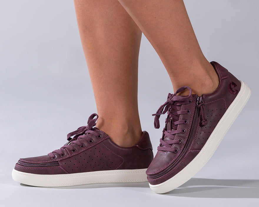 Women's Burgundy BILLY Sneaker Lows, zipper shoes, like velcro, that are adaptive, accessible, inclusive and use universal design to accommodate an afo. Footwear is medium and wide width, M, D and EEE, are comfortable, and come in toddler, kids, mens, and womens sizing.