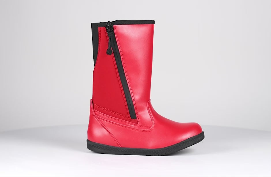 Red Rain Boots, zipper shoes, like velcro, that are adaptive, accessible, inclusive and use universal design to accommodate an afo. BILLY Footwear is medium and wide width, M, D and EEE, are comfortable, and come in toddler, kids, mens, and womens sizing.