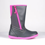 Grey Rain Boots, zipper shoes, like velcro, that are adaptive, accessible, inclusive and use universal design to accommodate an afo. BILLY Footwear is medium and wide width, M, D and EEE, are comfortable, and come in toddler, kids, mens, and womens sizing.