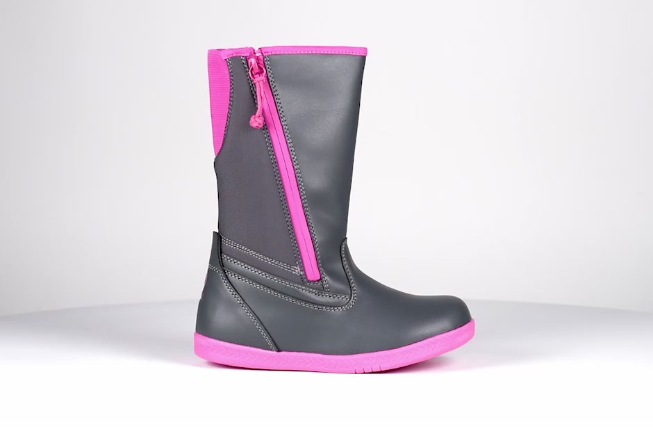 Grey Rain Boots, zipper shoes, like velcro, that are adaptive, accessible, inclusive and use universal design to accommodate an afo. BILLY Footwear is medium and wide width, M, D and EEE, are comfortable, and come in toddler, kids, mens, and womens sizing.